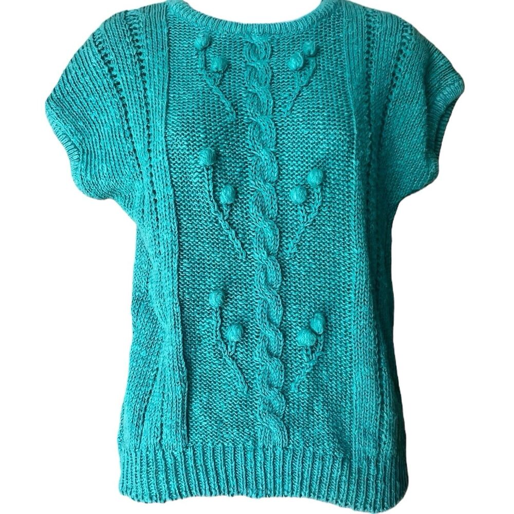 Vtg 80s KORET Turquoise Short Sleeve Pom Pom Cableknit Sweater Sz M Preppy Mom